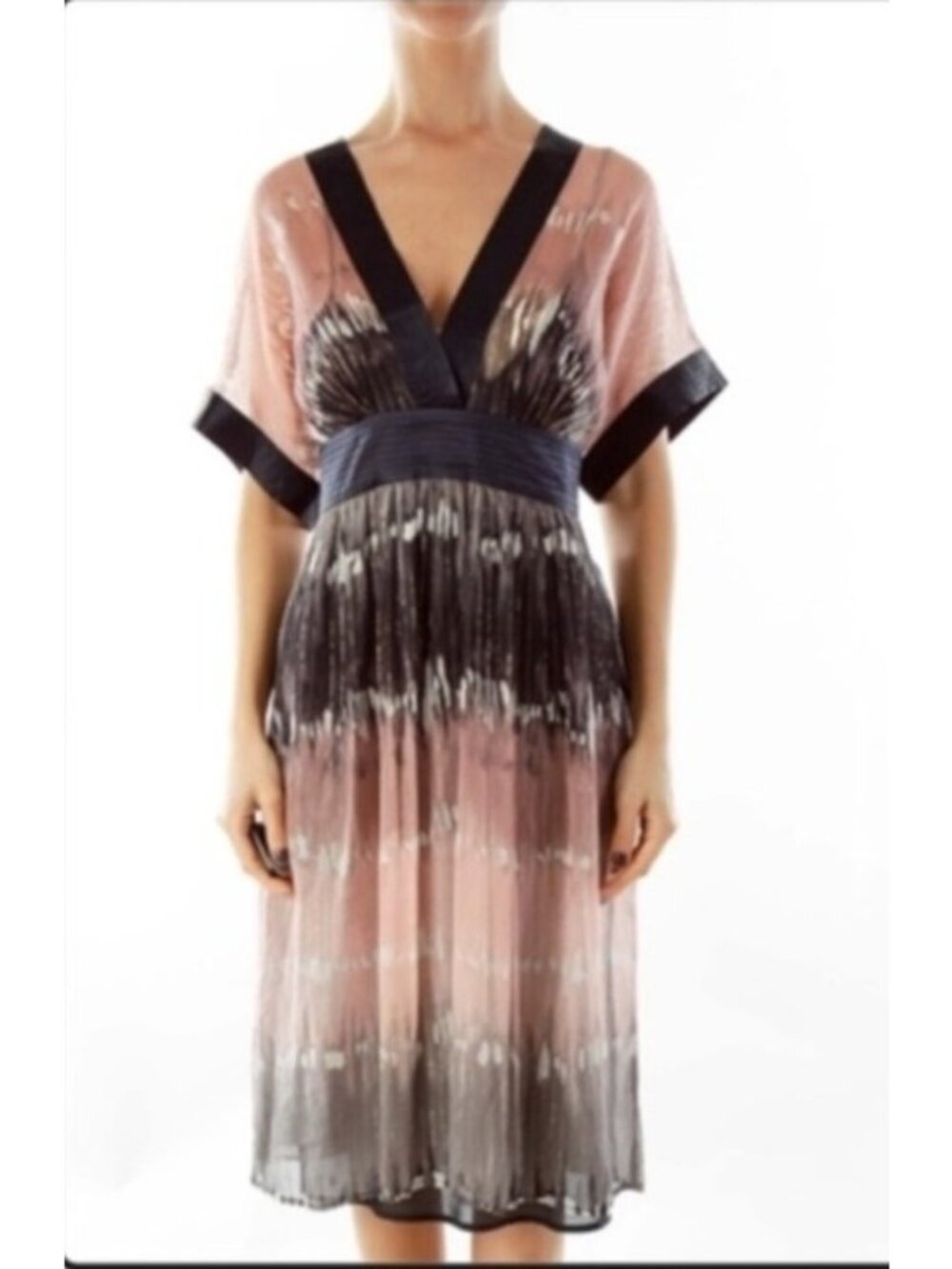 BCBGMaxazria Vintage Y2K Shimmer Chiffon Kimono Dress In Pink Gray Navy